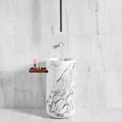 Monolithos Cylindrical Marble Washbasin with Wood Tray