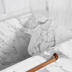 Monolithos Marble Bathtub with Wooden Towel Rack