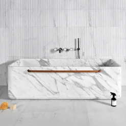 Monolithos Marble Bathtub with Wooden Towel Rack