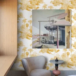 Mustard Yellow French Toile de Jouy Jungle Wallpaper