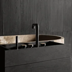 Passage Wood Storage Cabinet and oval Marble Bathtub