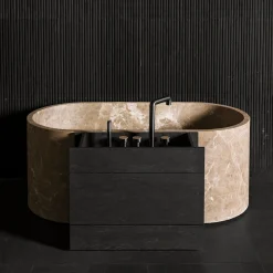 Passage Wood Storage Cabinet and oval Marble Bathtub