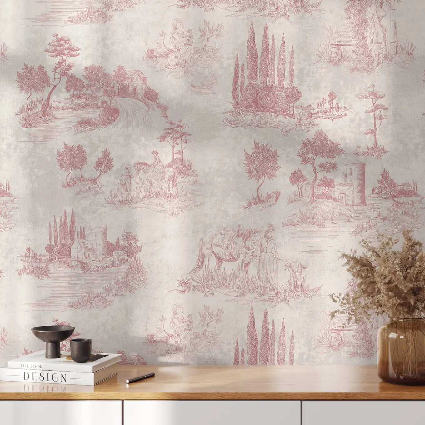 Pink French Vintage Toile Wallpaper