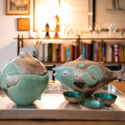 Pop Pesce Palla Green and Silvery Ceramic Sculpture