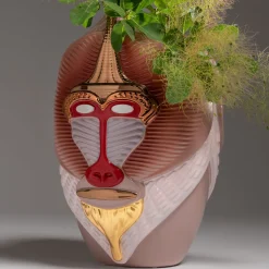 Primates Mandrillus Glossy Pink Ceramic With Metal Details Vase By Elena Salmistraro