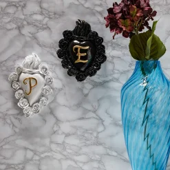 PUNK ROSES WITH INITIAL BLACK AND GOLD LEAF CERAMIC HEART