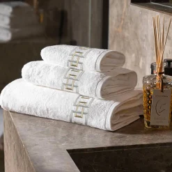 QENA White Embroidered Towel Set in Terry Cotton