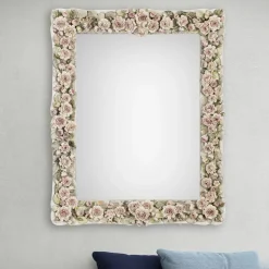 Rectangular Mirror with Capodimonte Porcelain Roses and Porcelain-White Lacquer Finish