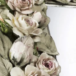 Rectangular Mirror with Capodimonte Porcelain Roses and Porcelain-White Lacquer Finish