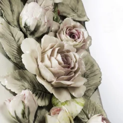 Rectangular Mirror with Capodimonte Porcelain Roses and Porcelain-White Lacquer Finish