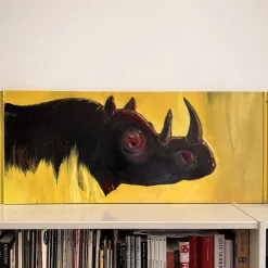 Rhinoceros In The Dry Grass Of The Savannah Enamel Painting On Wood