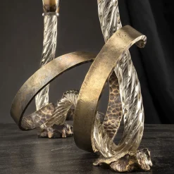 Ribbon Champagne Murano Glass and Hand-Curved Brass Candle Holder