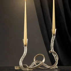 Ribbon Champagne Murano Glass and Hand-Curved Brass Candle Holder