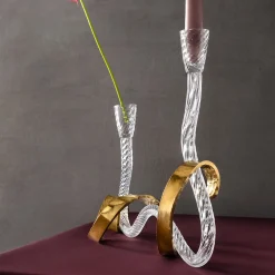 Ribbon Transparent Murano Glass & Hand Curved Brass Candle Holder