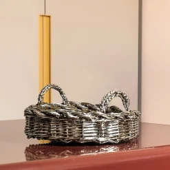 Round Metal Plated Woven Decorative Basket Tray