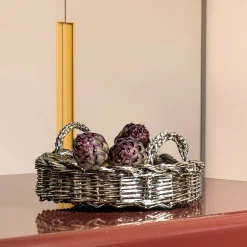 Round Metal Plated Woven Decorative Basket Tray