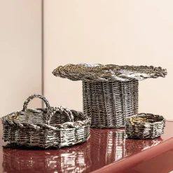 Round Metal Plated Woven Decorative Basket Tray