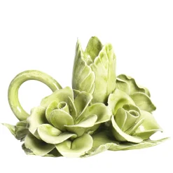 Set of 2 Green Floral-Shaped Ceramic Candle Holders