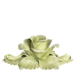 Set of 2 Green Rose-Shaped Ceramic Candle Holders