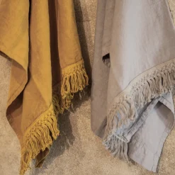 Set of 2 Mustard Linen Towels with Long Fringes