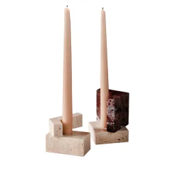 Set of 2 Travertino and Red Marble Block Candle Holders