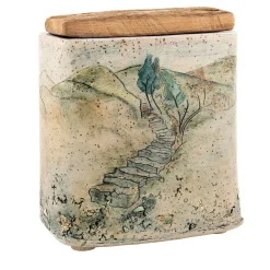 Staircase To The Hills Polychrome Stoneware Box with Wooden Lid