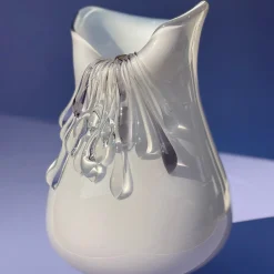 Stravedamento White Murano Glass & Hammered Brass Decorative Vase