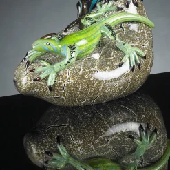 Two Glass Green Lizards on Stone