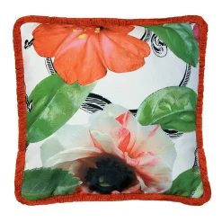 White Flower Fringed Square Cushion by Carlo Rampazzi