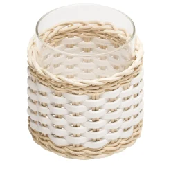 Wideville Leather & Rattan Candleholder - White