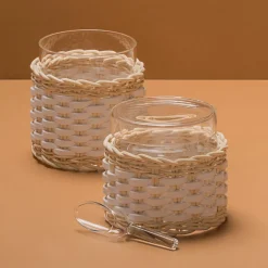 Wideville Leather & Rattan Candleholder - White